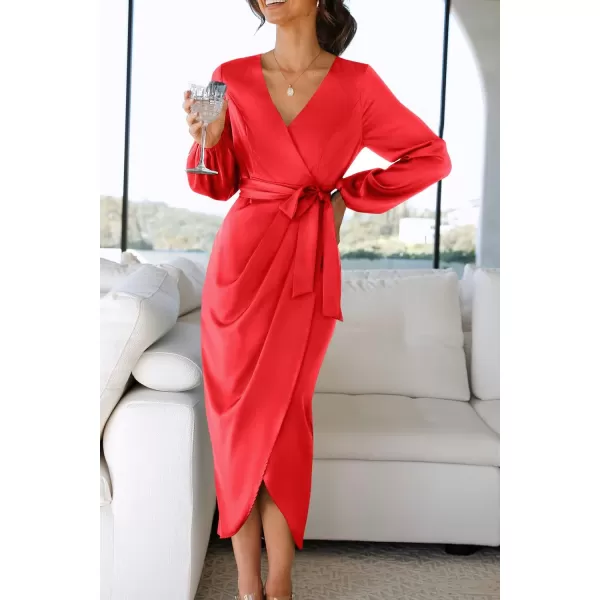 imageZESICA Womens Satin V Neck Bodycon Dress Long Sleeve Ruched Tie Waist Wrap Split Cocktail Party Midi DressesRustSmallRed XLarge
