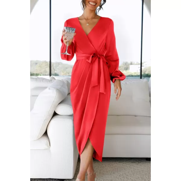 imageZESICA Womens Satin V Neck Bodycon Dress Long Sleeve Ruched Tie Waist Wrap Split Cocktail Party Midi DressesRustSmallRed XLarge