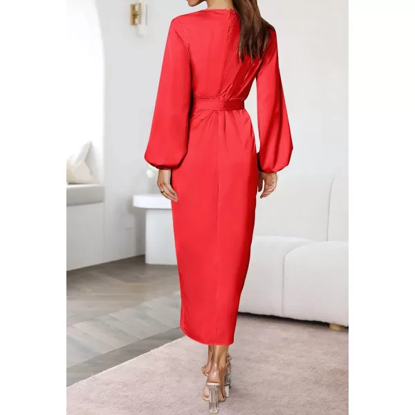 imageZESICA Womens Satin V Neck Bodycon Dress Long Sleeve Ruched Tie Waist Wrap Split Cocktail Party Midi DressesRustSmallRed XLarge