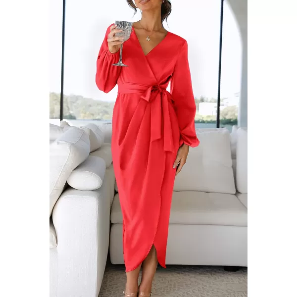 imageZESICA Womens Satin V Neck Bodycon Dress Long Sleeve Ruched Tie Waist Wrap Split Cocktail Party Midi DressesRustSmallRed XLarge