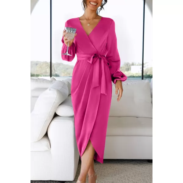 imageZESICA Womens Satin V Neck Bodycon Dress Long Sleeve Ruched Tie Waist Wrap Split Cocktail Party Midi DressesRustSmallRose Medium