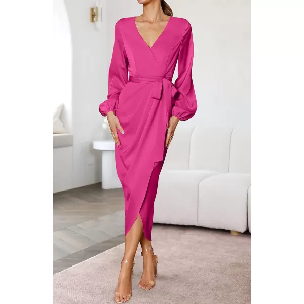 imageZESICA Womens Satin V Neck Bodycon Dress Long Sleeve Ruched Tie Waist Wrap Split Cocktail Party Midi DressesRustSmallRose Medium