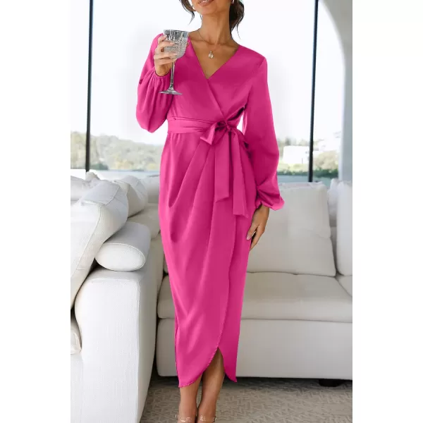 imageZESICA Womens Satin V Neck Bodycon Dress Long Sleeve Ruched Tie Waist Wrap Split Cocktail Party Midi DressesRustSmallRose Medium