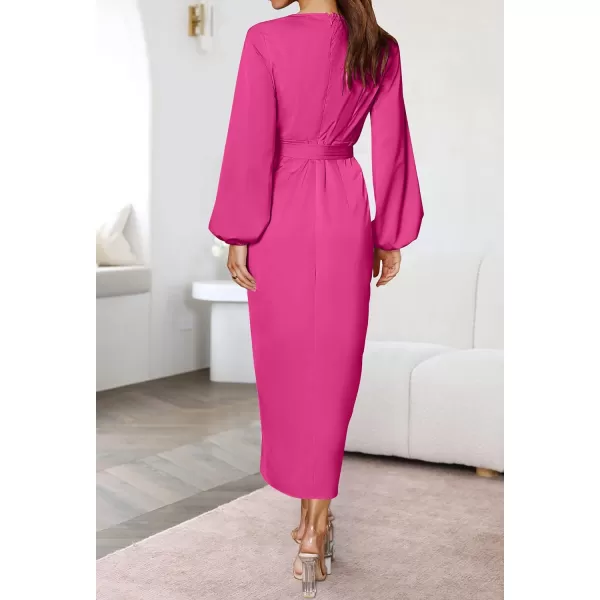 imageZESICA Womens Satin V Neck Bodycon Dress Long Sleeve Ruched Tie Waist Wrap Split Cocktail Party Midi DressesRustSmallRose Medium