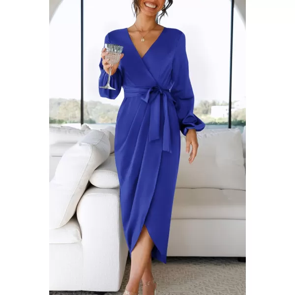 imageZESICA Womens Satin V Neck Bodycon Dress Long Sleeve Ruched Tie Waist Wrap Split Cocktail Party Midi DressesRustSmallRoyalblue Large