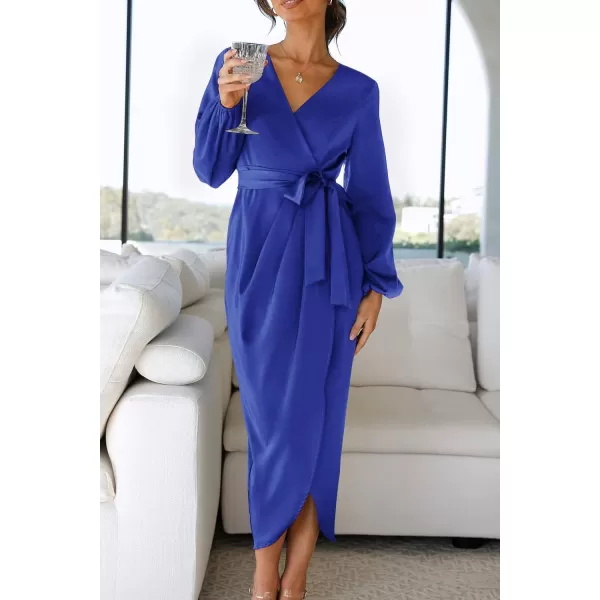 imageZESICA Womens Satin V Neck Bodycon Dress Long Sleeve Ruched Tie Waist Wrap Split Cocktail Party Midi DressesRustSmallRoyalblue Small