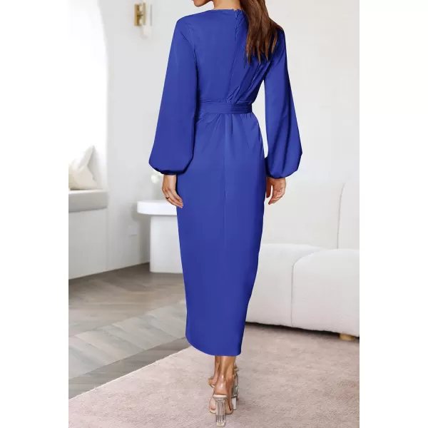 imageZESICA Womens Satin V Neck Bodycon Dress Long Sleeve Ruched Tie Waist Wrap Split Cocktail Party Midi DressesRustSmallRoyalblue Small