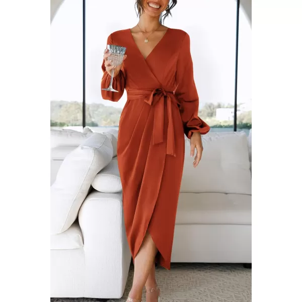 imageZESICA Womens Satin V Neck Bodycon Dress Long Sleeve Ruched Tie Waist Wrap Split Cocktail Party Midi DressesRustSmallRust Medium