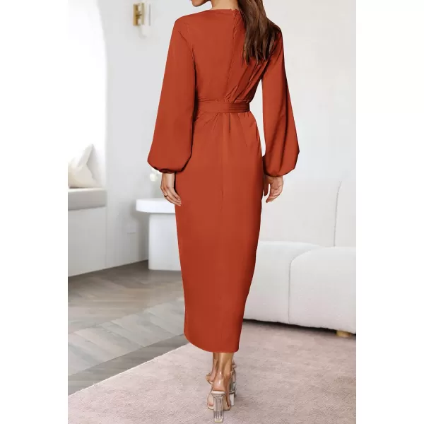 imageZESICA Womens Satin V Neck Bodycon Dress Long Sleeve Ruched Tie Waist Wrap Split Cocktail Party Midi DressesRustSmallRust Medium