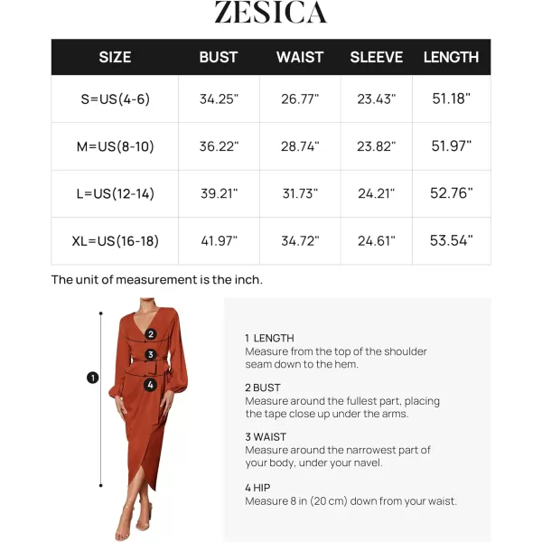 imageZESICA Womens Satin V Neck Bodycon Dress Long Sleeve Ruched Tie Waist Wrap Split Cocktail Party Midi DressesRustSmallRust Medium