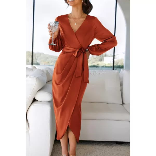 imageZESICA Womens Satin V Neck Bodycon Dress Long Sleeve Ruched Tie Waist Wrap Split Cocktail Party Midi DressesRustSmallRust Medium