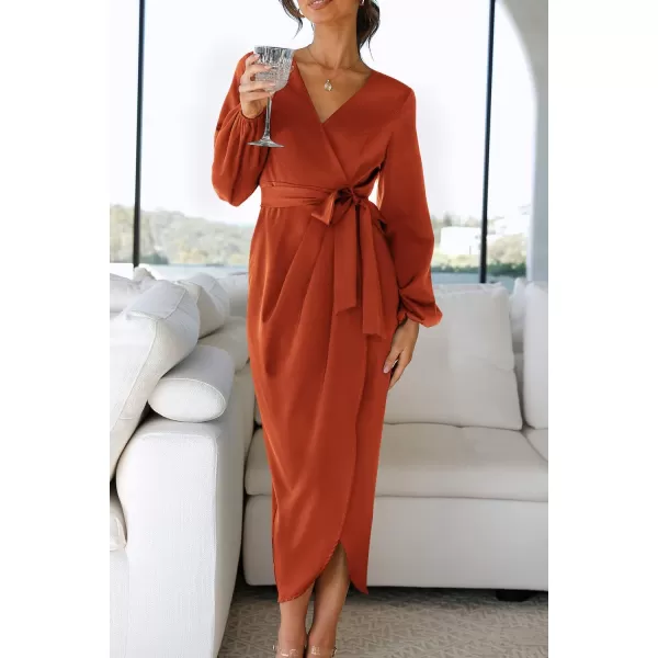 imageZESICA Womens Satin V Neck Bodycon Dress Long Sleeve Ruched Tie Waist Wrap Split Cocktail Party Midi DressesRustSmallRust Medium
