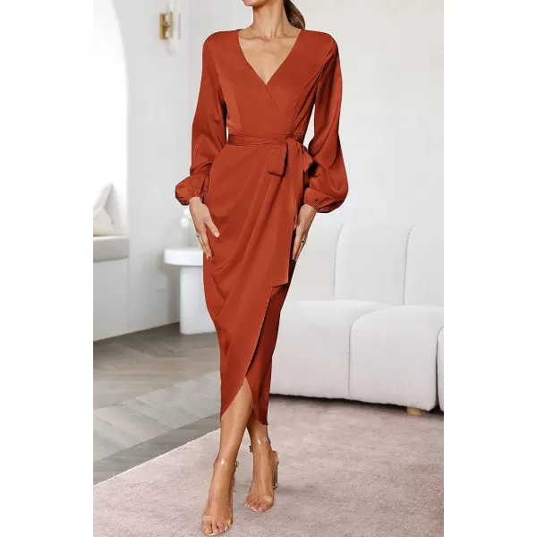 imageZESICA Womens Satin V Neck Bodycon Dress Long Sleeve Ruched Tie Waist Wrap Split Cocktail Party Midi DressesRustSmallRust Medium