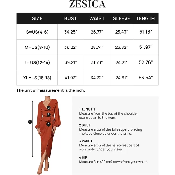 imageZESICA Womens Satin V Neck Bodycon Dress Long Sleeve Ruched Tie Waist Wrap Split Cocktail Party Midi DressesRustSmallRust XLarge