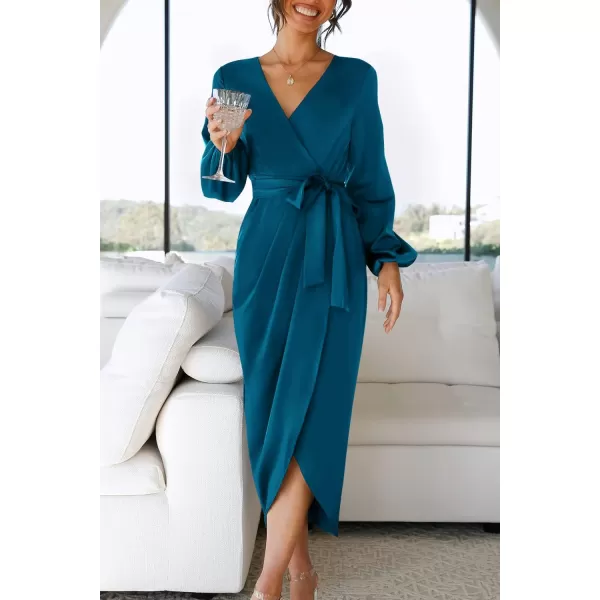 imageZESICA Womens Satin V Neck Bodycon Dress Long Sleeve Ruched Tie Waist Wrap Split Cocktail Party Midi DressesRustSmallTeal Large
