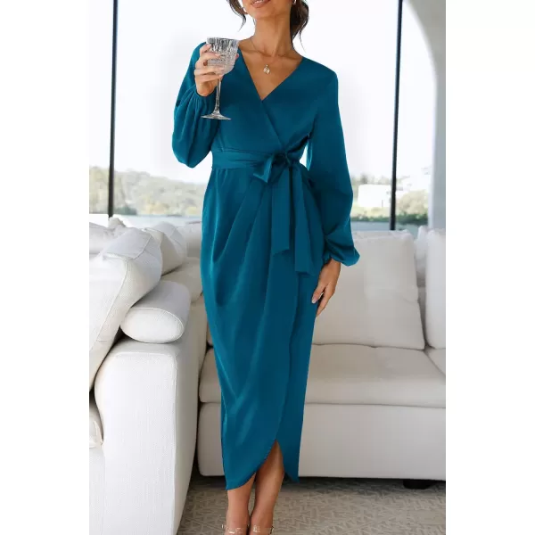 imageZESICA Womens Satin V Neck Bodycon Dress Long Sleeve Ruched Tie Waist Wrap Split Cocktail Party Midi DressesRustSmallTeal XLarge