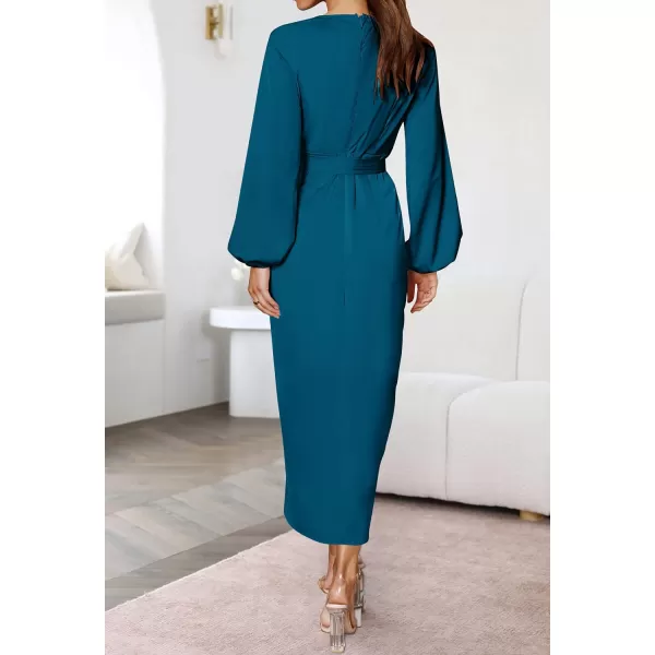 imageZESICA Womens Satin V Neck Bodycon Dress Long Sleeve Ruched Tie Waist Wrap Split Cocktail Party Midi DressesRustSmallTeal XLarge