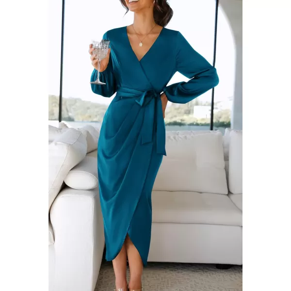 imageZESICA Womens Satin V Neck Bodycon Dress Long Sleeve Ruched Tie Waist Wrap Split Cocktail Party Midi DressesRustSmallTeal XLarge