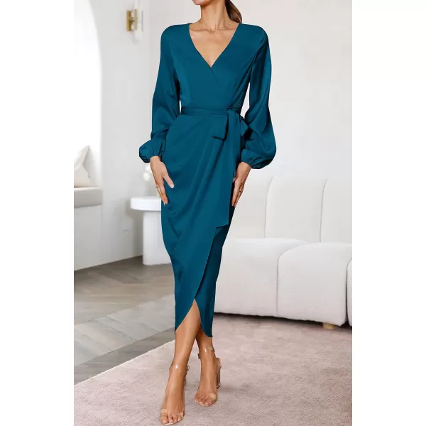 imageZESICA Womens Satin V Neck Bodycon Dress Long Sleeve Ruched Tie Waist Wrap Split Cocktail Party Midi DressesRustSmallTeal XLarge