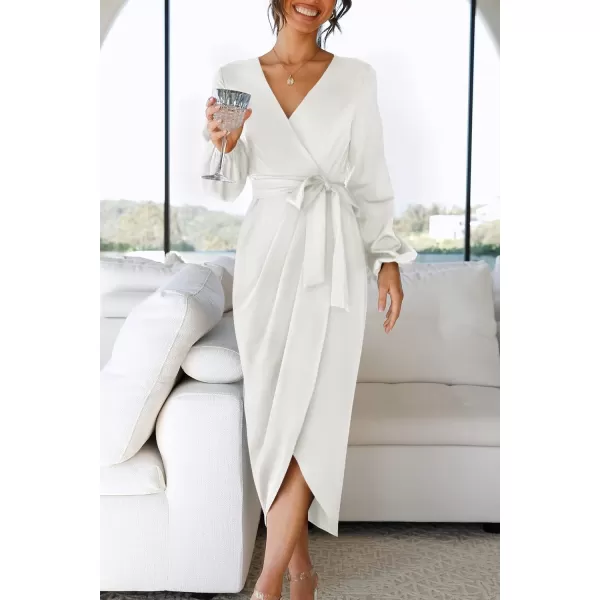 imageZESICA Womens Satin V Neck Bodycon Dress Long Sleeve Ruched Tie Waist Wrap Split Cocktail Party Midi DressesRustSmallWhite Small