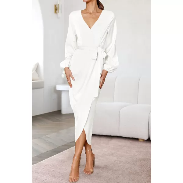 imageZESICA Womens Satin V Neck Bodycon Dress Long Sleeve Ruched Tie Waist Wrap Split Cocktail Party Midi DressesRustSmallWhite XLarge