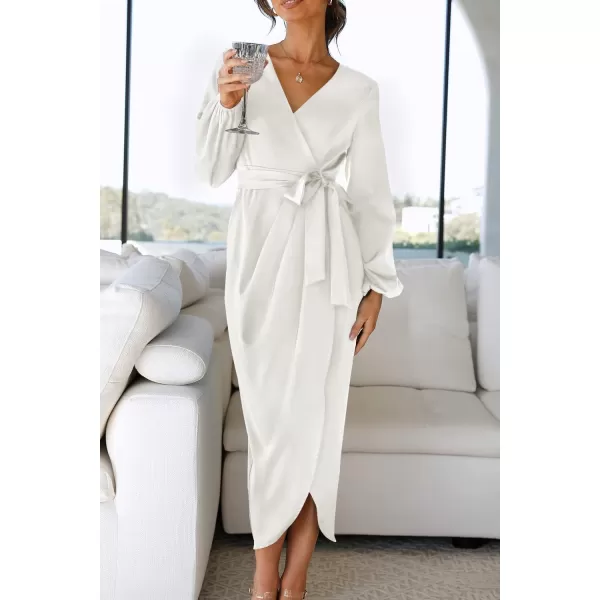 imageZESICA Womens Satin V Neck Bodycon Dress Long Sleeve Ruched Tie Waist Wrap Split Cocktail Party Midi DressesRustSmallWhite XLarge