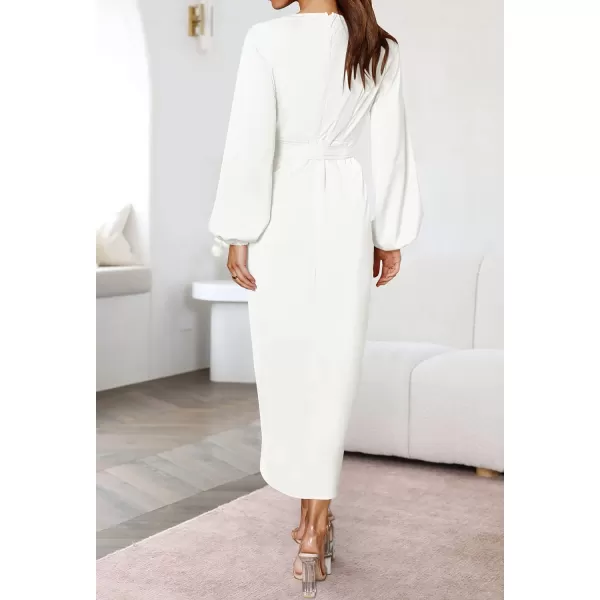 imageZESICA Womens Satin V Neck Bodycon Dress Long Sleeve Ruched Tie Waist Wrap Split Cocktail Party Midi DressesRustSmallWhite XLarge
