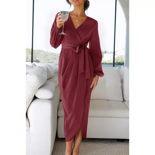 imageZESICA Womens Satin V Neck Bodycon Dress Long Sleeve Ruched Tie Waist Wrap Split Cocktail Party Midi DressesRustSmallWine Large