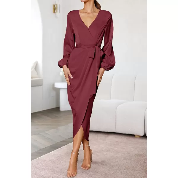 imageZESICA Womens Satin V Neck Bodycon Dress Long Sleeve Ruched Tie Waist Wrap Split Cocktail Party Midi DressesRustSmallWine Small
