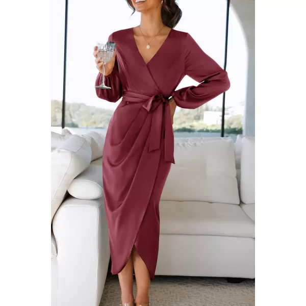 imageZESICA Womens Satin V Neck Bodycon Dress Long Sleeve Ruched Tie Waist Wrap Split Cocktail Party Midi DressesRustSmallWine Small