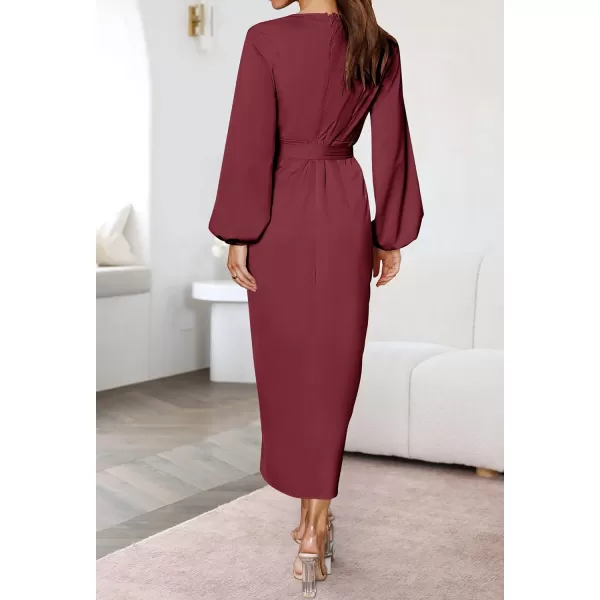imageZESICA Womens Satin V Neck Bodycon Dress Long Sleeve Ruched Tie Waist Wrap Split Cocktail Party Midi DressesRustSmallWine Small