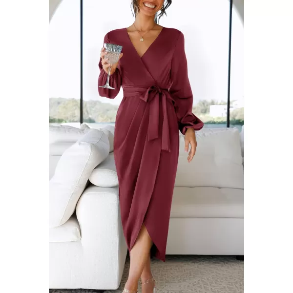 imageZESICA Womens Satin V Neck Bodycon Dress Long Sleeve Ruched Tie Waist Wrap Split Cocktail Party Midi DressesRustSmallWine XLarge