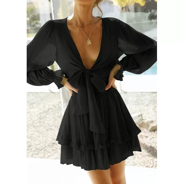 imageZESICA Womens Sexy Deep V Neck Knot Front Long Sleeve Smocked Wiast Ruffle Tiered Swing Mini Skater DressBlack