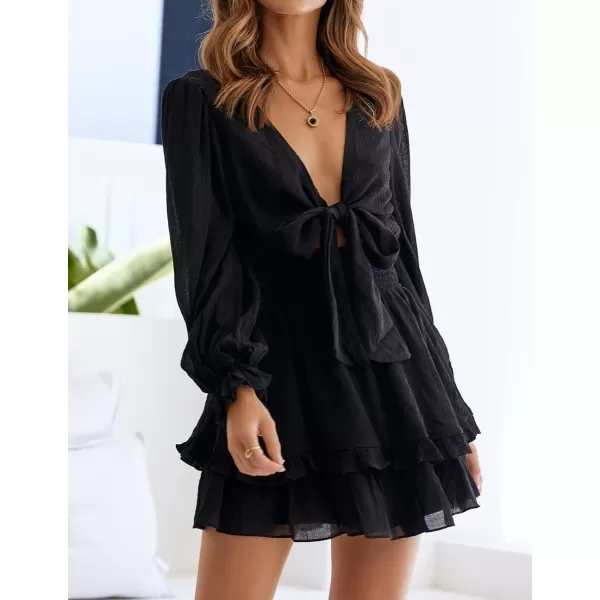 imageZESICA Womens Sexy Deep V Neck Knot Front Long Sleeve Smocked Wiast Ruffle Tiered Swing Mini Skater DressBlack
