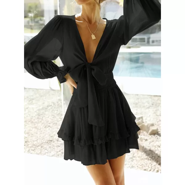 imageZESICA Womens Sexy Deep V Neck Knot Front Long Sleeve Smocked Wiast Ruffle Tiered Swing Mini Skater DressBlack