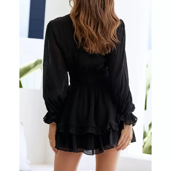 imageZESICA Womens Sexy Deep V Neck Knot Front Long Sleeve Smocked Wiast Ruffle Tiered Swing Mini Skater DressBlack