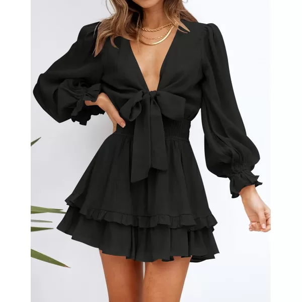 imageZESICA Womens Sexy Deep V Neck Knot Front Long Sleeve Smocked Wiast Ruffle Tiered Swing Mini Skater DressBlack
