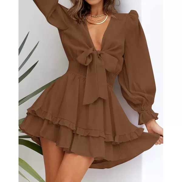 imageZESICA Womens Sexy Deep V Neck Knot Front Long Sleeve Smocked Wiast Ruffle Tiered Swing Mini Skater DressBrown