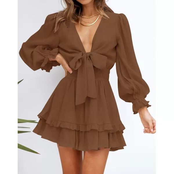 imageZESICA Womens Sexy Deep V Neck Knot Front Long Sleeve Smocked Wiast Ruffle Tiered Swing Mini Skater DressBrown