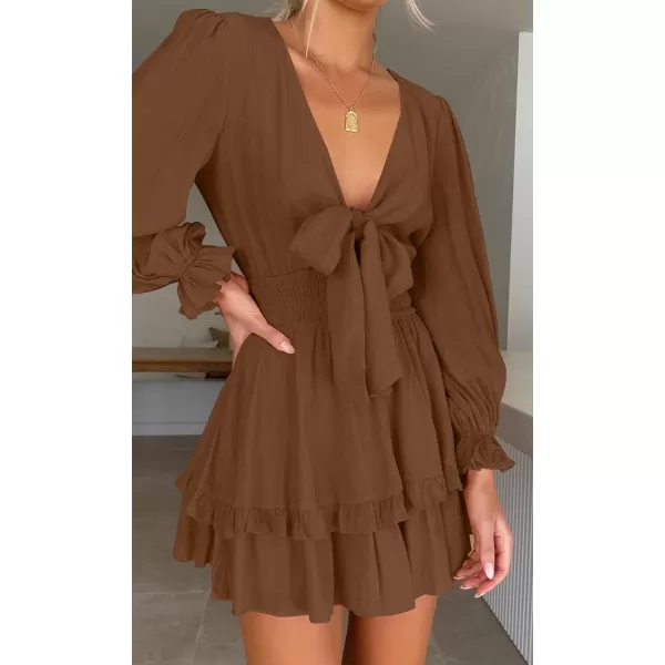 imageZESICA Womens Sexy Deep V Neck Knot Front Long Sleeve Smocked Wiast Ruffle Tiered Swing Mini Skater DressBrown