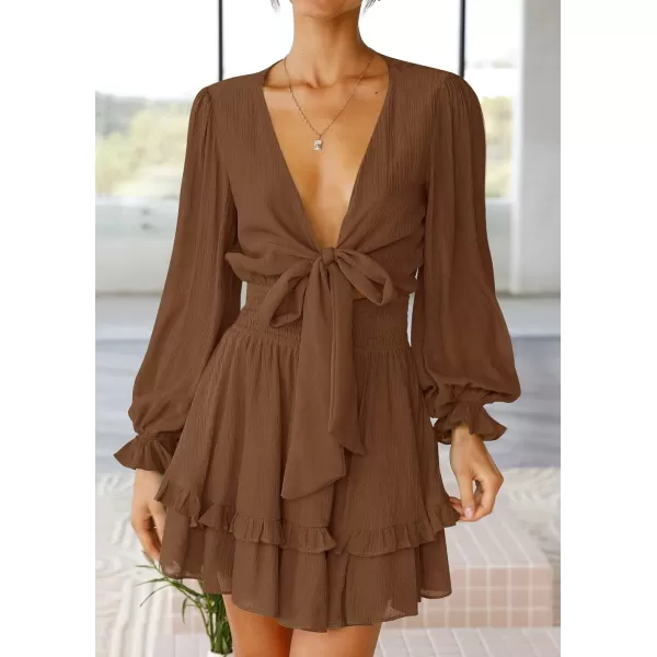 imageZESICA Womens Sexy Deep V Neck Knot Front Long Sleeve Smocked Wiast Ruffle Tiered Swing Mini Skater DressBrown