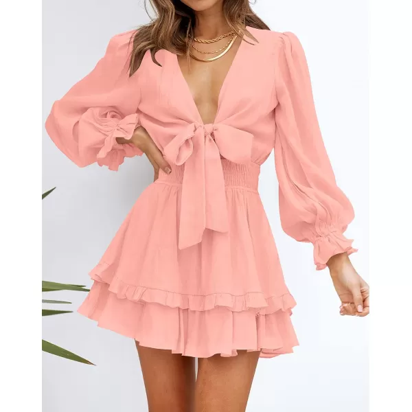 imageZESICA Womens Sexy Deep V Neck Knot Front Long Sleeve Smocked Wiast Ruffle Tiered Swing Mini Skater DressCoralpink