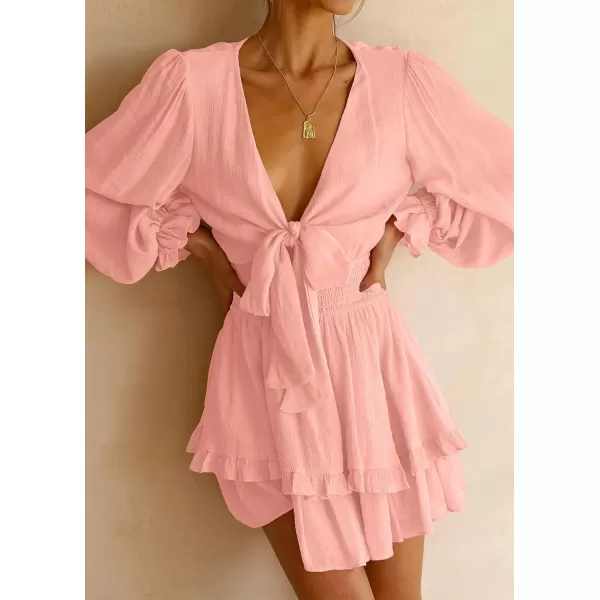 imageZESICA Womens Sexy Deep V Neck Knot Front Long Sleeve Smocked Wiast Ruffle Tiered Swing Mini Skater DressCoralpink