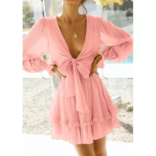 imageZESICA Womens Sexy Deep V Neck Knot Front Long Sleeve Smocked Wiast Ruffle Tiered Swing Mini Skater DressCoralpink