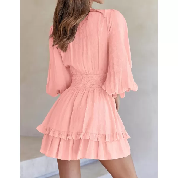imageZESICA Womens Sexy Deep V Neck Knot Front Long Sleeve Smocked Wiast Ruffle Tiered Swing Mini Skater DressCoralpink