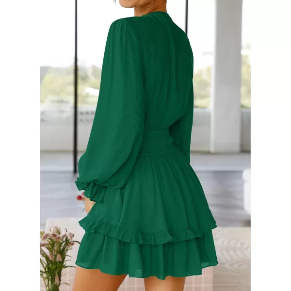 imageZESICA Womens Sexy Deep V Neck Knot Front Long Sleeve Smocked Wiast Ruffle Tiered Swing Mini Skater DressDarkgreen