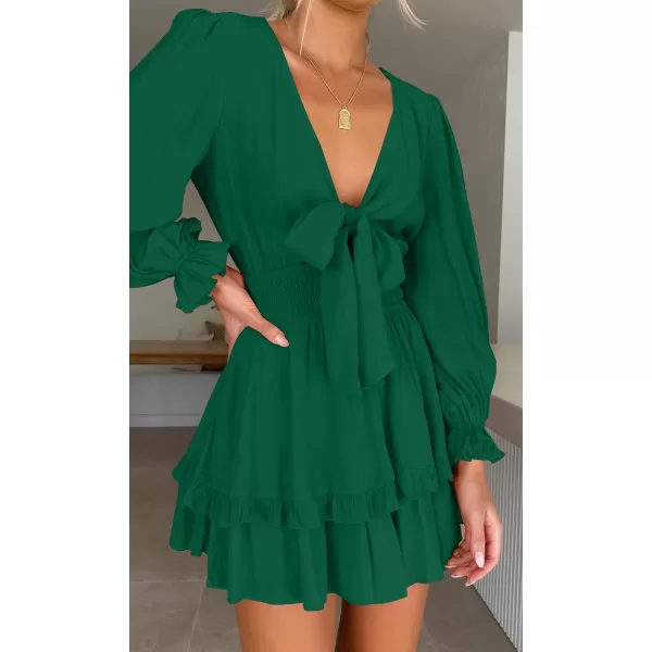 imageZESICA Womens Sexy Deep V Neck Knot Front Long Sleeve Smocked Wiast Ruffle Tiered Swing Mini Skater DressDarkgreen