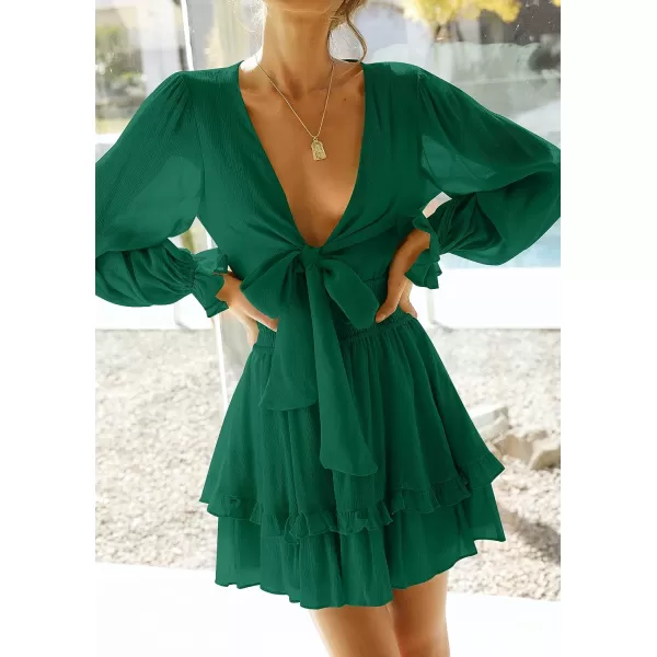 imageZESICA Womens Sexy Deep V Neck Knot Front Long Sleeve Smocked Wiast Ruffle Tiered Swing Mini Skater DressDarkgreen