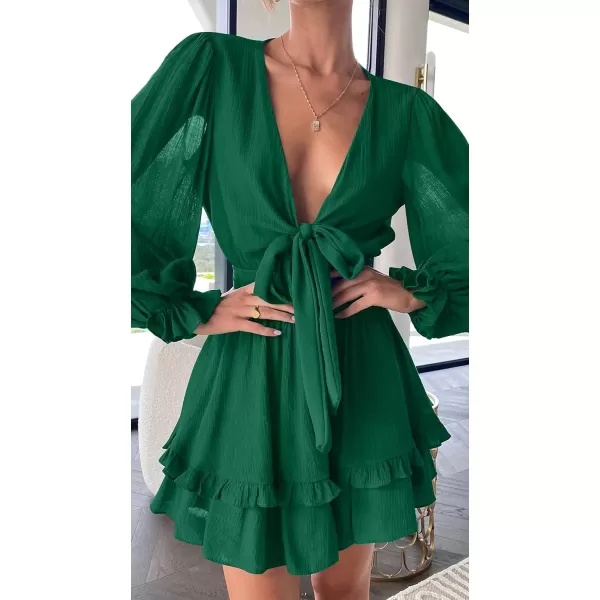 imageZESICA Womens Sexy Deep V Neck Knot Front Long Sleeve Smocked Wiast Ruffle Tiered Swing Mini Skater DressDarkgreen
