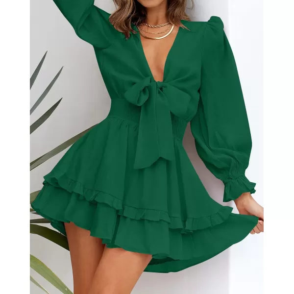 imageZESICA Womens Sexy Deep V Neck Knot Front Long Sleeve Smocked Wiast Ruffle Tiered Swing Mini Skater DressDarkgreen